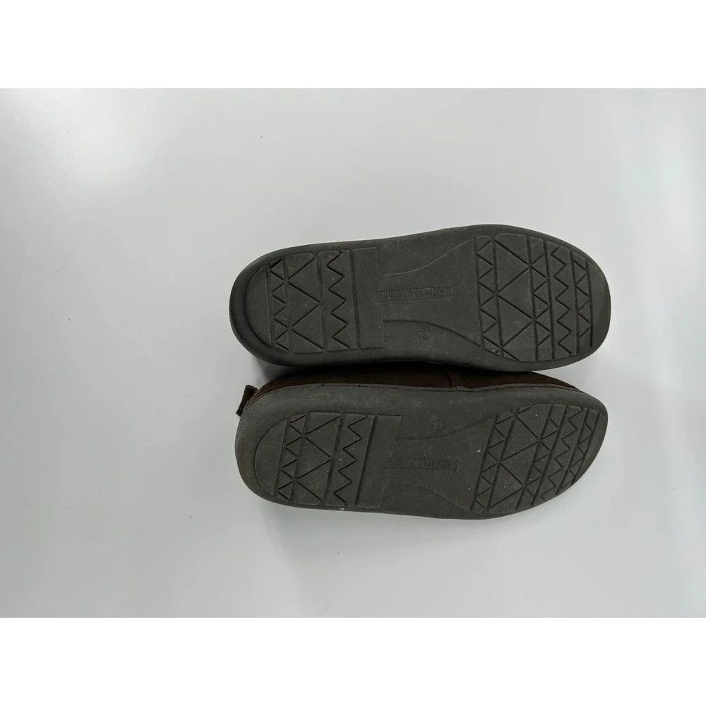 Minnetonka Suede Slippers Mens 12 Brown Excellent Faux Fur Lined Slip On 41622